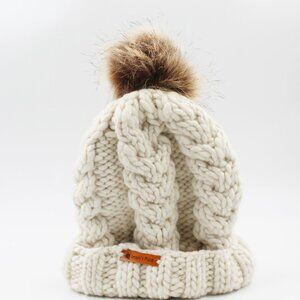 Handmade Hand Knit Chunky Cozy Cable Knit White Merino Wool Hat with a Pom Pom